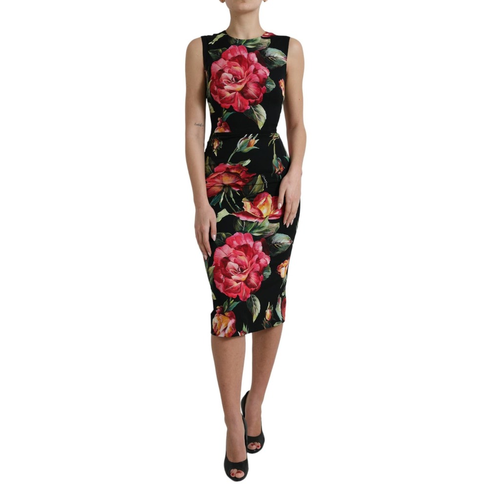 Dolce & Gabbana Black Floral Print Silk Sheath Midi Dress/IT38 | XS/Black NWT